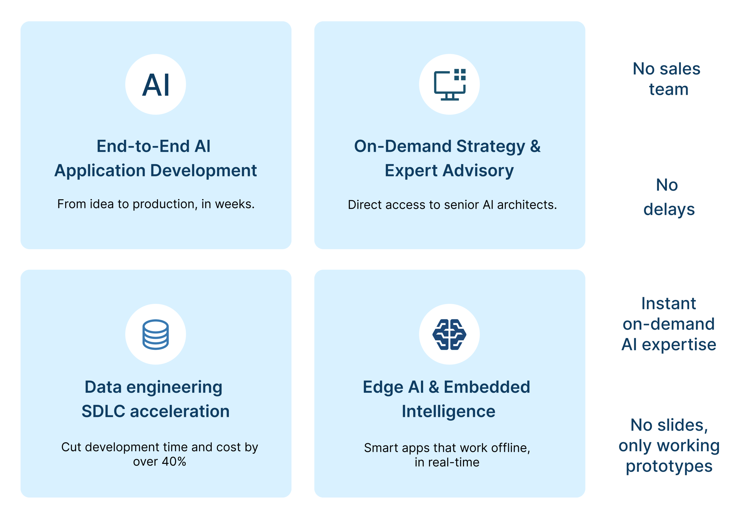 AI services overview including end-to-end AI application development, expert AI advisory, data engineering acceleration, and Edge AI solutions delivery and no delays