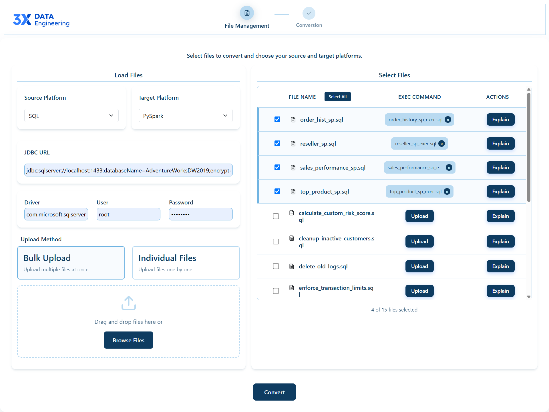Bulk upload, Explain code, Validation scripts.