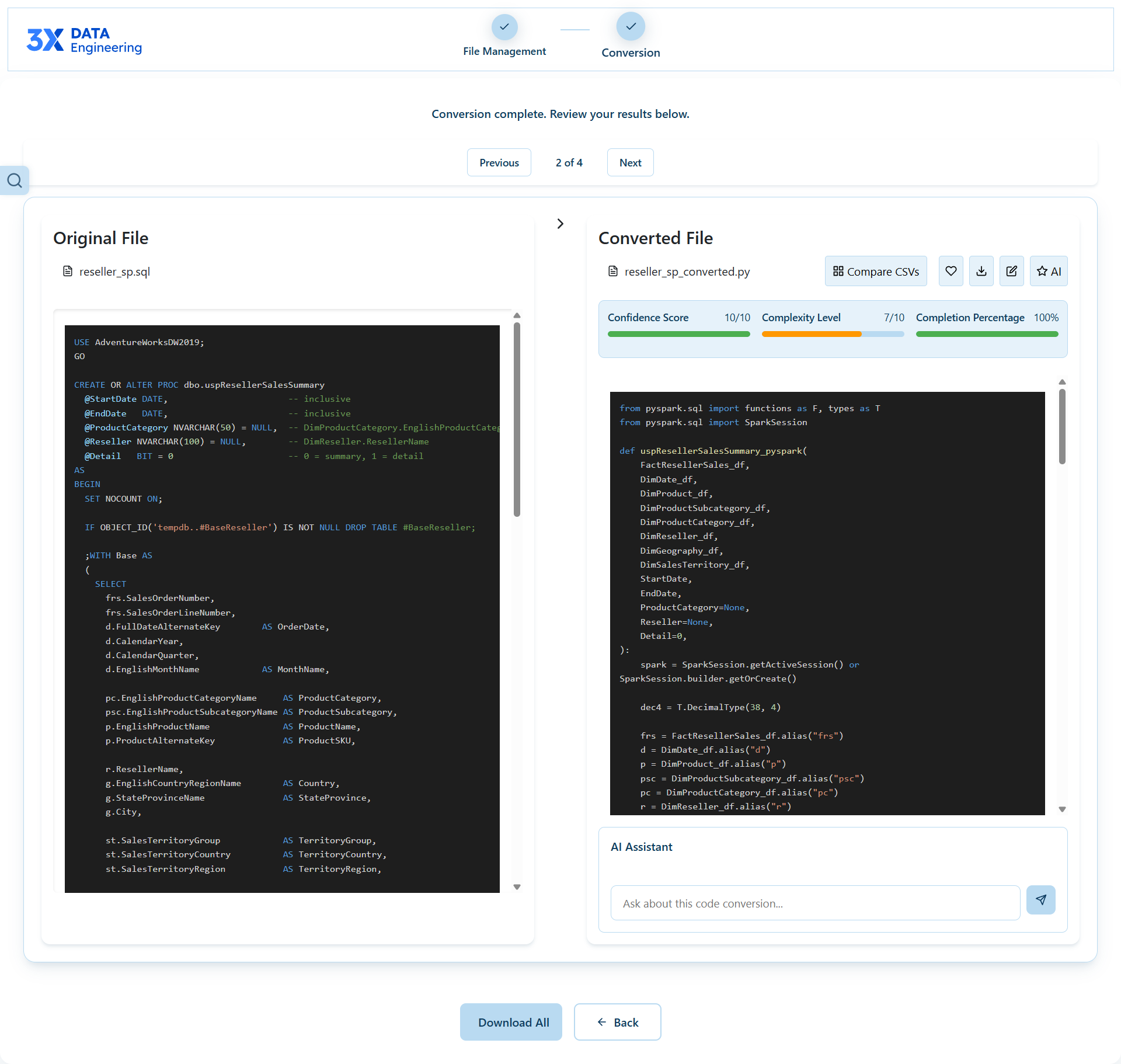 Code complexity, Agentic conversion with Confidence score and Completion percentage.  
